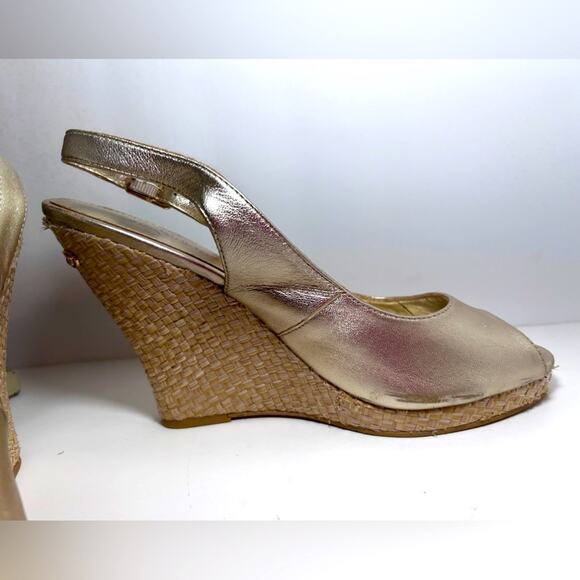 Lilly Pulitzer Kristin Leather Wedge Gold Peep Toe    Preppy Shoes Size 8.5 - Picture 6 of 16